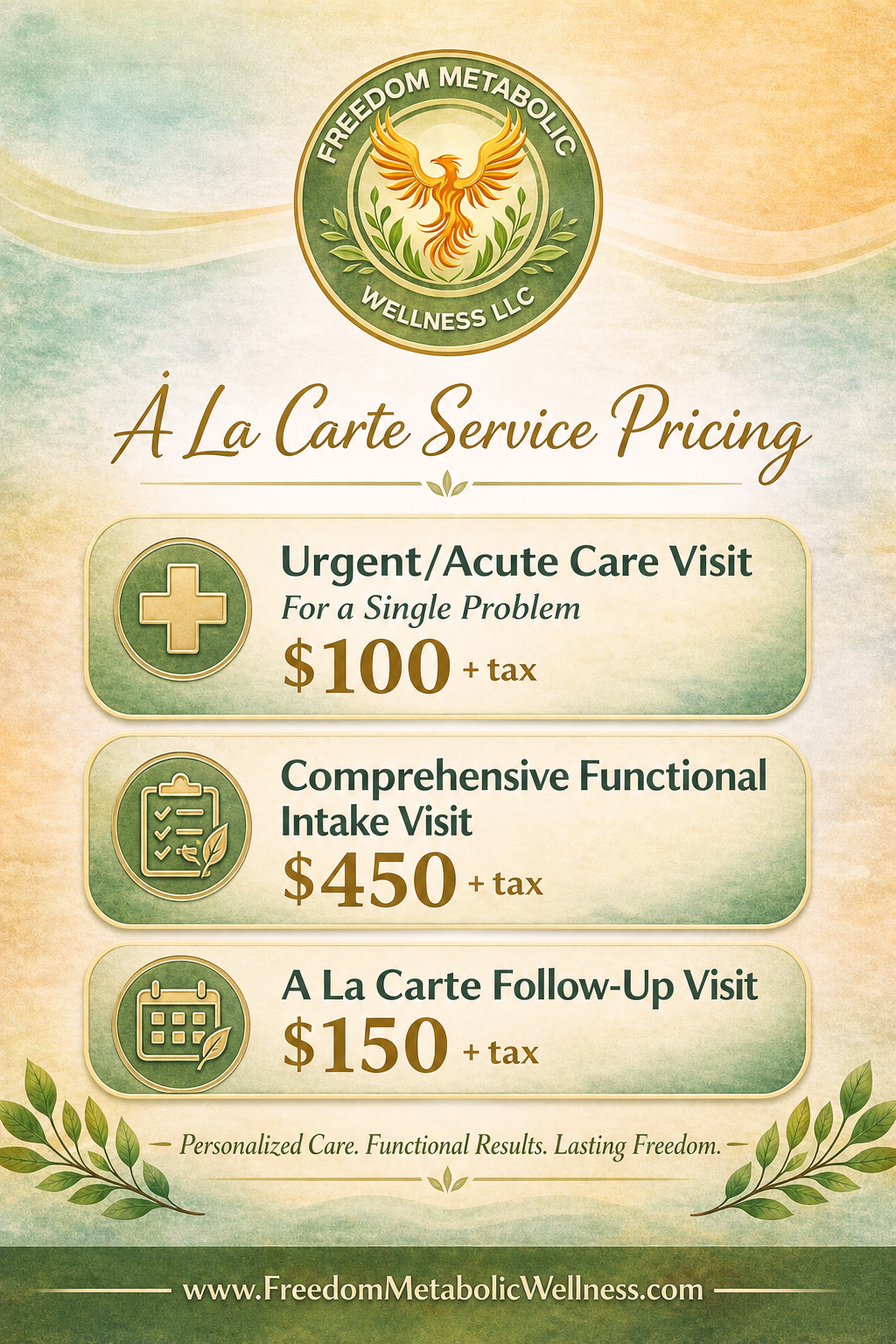 Ala carte service pricing. Urgent or Acute care one problem $100. Comprehensive Functional Medicine intake $450. Ala carte follow up visits $150
